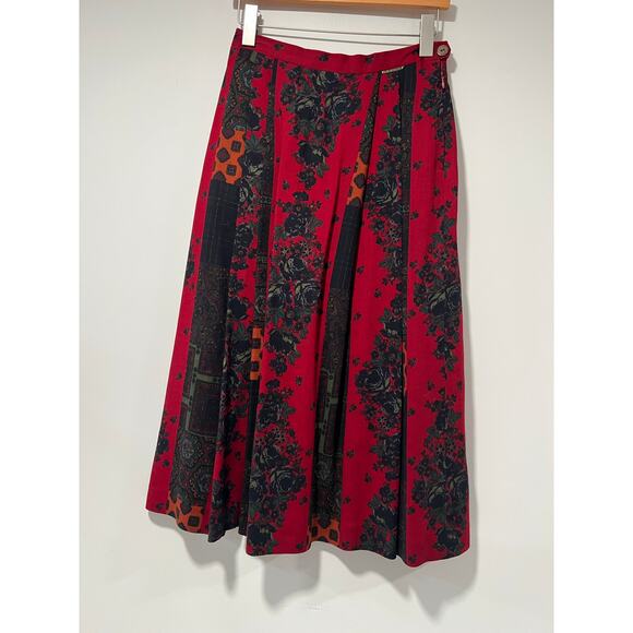 Geiger Austria Wool Midi Skirt Pleated A Line Red Floral Sz 38 / 8 SG - Picture 1 of 10
